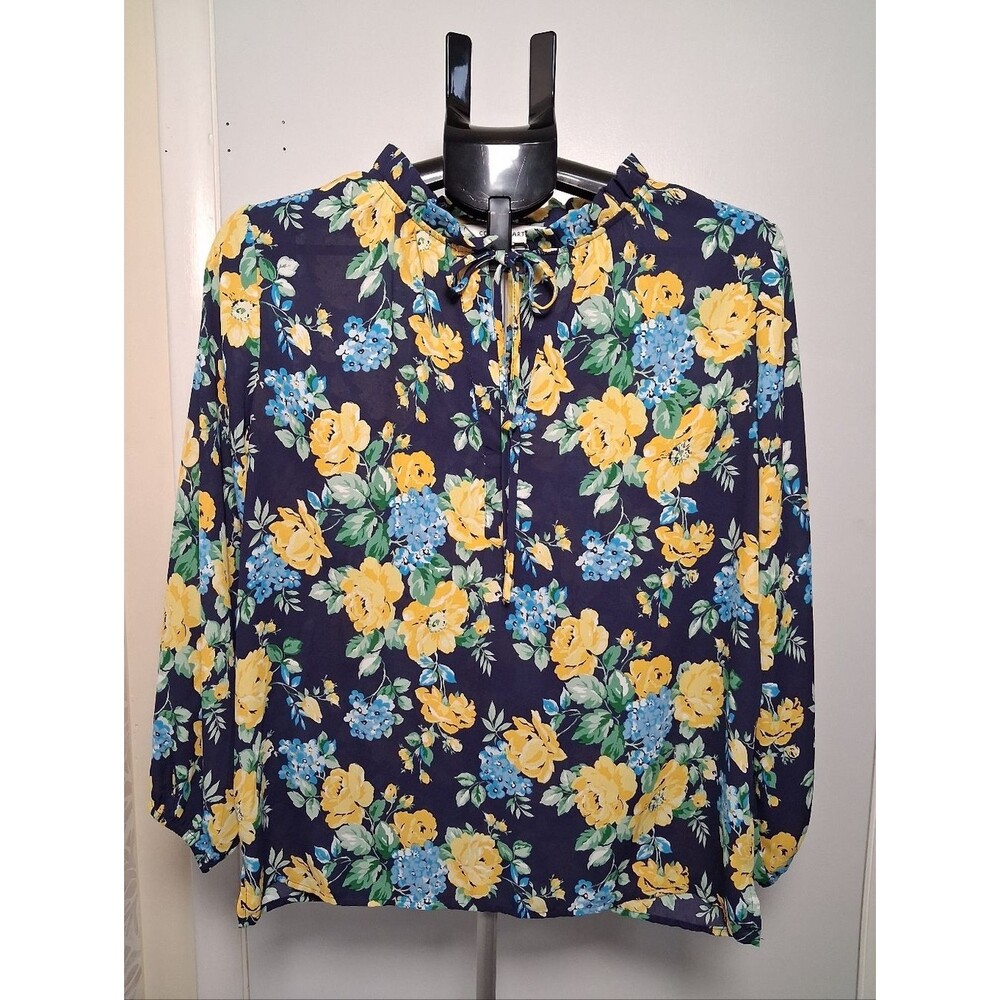 Women's Floral Tie-Front Long Sleeve Blouse - Yellow & Blue